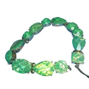 Vintage Style Green Faux Opal Dragon Breath Glass Bracelet Gunmetal Tone as is